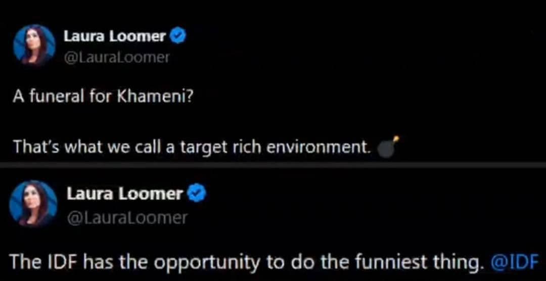@✡︎𝐋𝐢𝐯𝐞𝐈𝐫𝐚𝐧𝐍𝐞𝐰𝐬🇮🇷🇮🇱: ⚡🇺🇸🇮🇱🦀لورا لومر عزیز @LauraLoomer با کنایه به مراسم چالسپاری لاشه خایمنهای واکنش نشان داد/لورا لومر، فعال سیاسی آمریکایی و از نزدیکان پرزیدنت ترامپ خواستار بمباران تشییع جنازه خامنه ای توسط ارتش