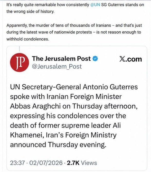 @✡︎𝐋𝐢𝐯𝐞𝐈𝐫𝐚𝐧𝐍𝐞𝐰𝐬🇮🇷🇮🇱: ⚡🇮🇱🇺🇳🦀خشم اسرائیل از سازمان خلل متحد/دیپلمات اسرائیلی: گوترش بار دیگر در سمت اشتباه تاریخ ایستاد/تمی رحامیموف هونیگ @RahamimoffTamar، دیپلمات و مقام وزارت امور خارجه اسرائیل، از آنتونیو گوترش به