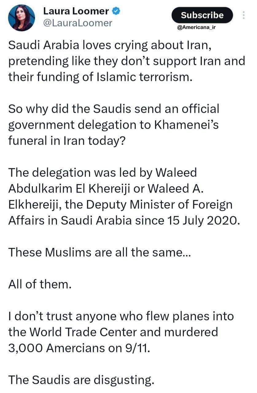 @✡︎𝐋𝐢𝐯𝐞𝐈𝐫𝐚𝐧𝐍𝐞𝐰𝐬🇮🇷🇮🇱: ⚡🇺🇸🇸🇦🦀لورا لومر، فعال سیاسی محافظهکار آمریکایی و از حامیان و چهرههای نزدیک به پرزیدنت ترامپ، از اعزام هیئت رسمی عربستان سعودی به مراسم تشییع علی خامنهای انتقاد کرد/او با اشاره به حضور ولید الخ