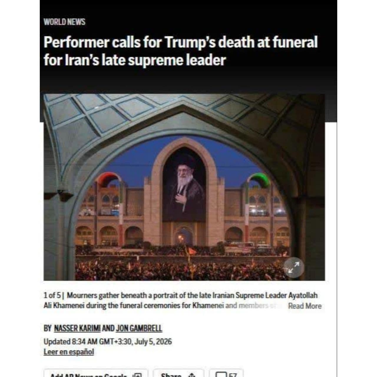 @✡︎𝐋𝐢𝐯𝐞𝐈𝐫𝐚𝐧𝐍𝐞𝐰𝐬🇮🇷🇮🇱: ⚡🇺🇸🦀Associated Press: Public Call to Kill President Trump at Ali Khamenei's Funeral Ceremony/Associated Press reported that Mohammad Rasouli, the host of Ali Khamenei's funeral ceremony, called for