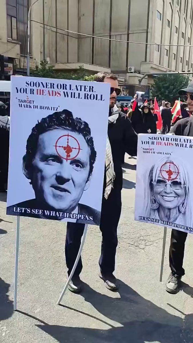 @Open Source Intel: At Khamenei's funeral in Tehran, signs displayed Trump, Ben Shapiro, Laura Loomer, Miriam Adelson, Lindsey Graham and others with red targets over their faces.
The text read: "In the end, your heads