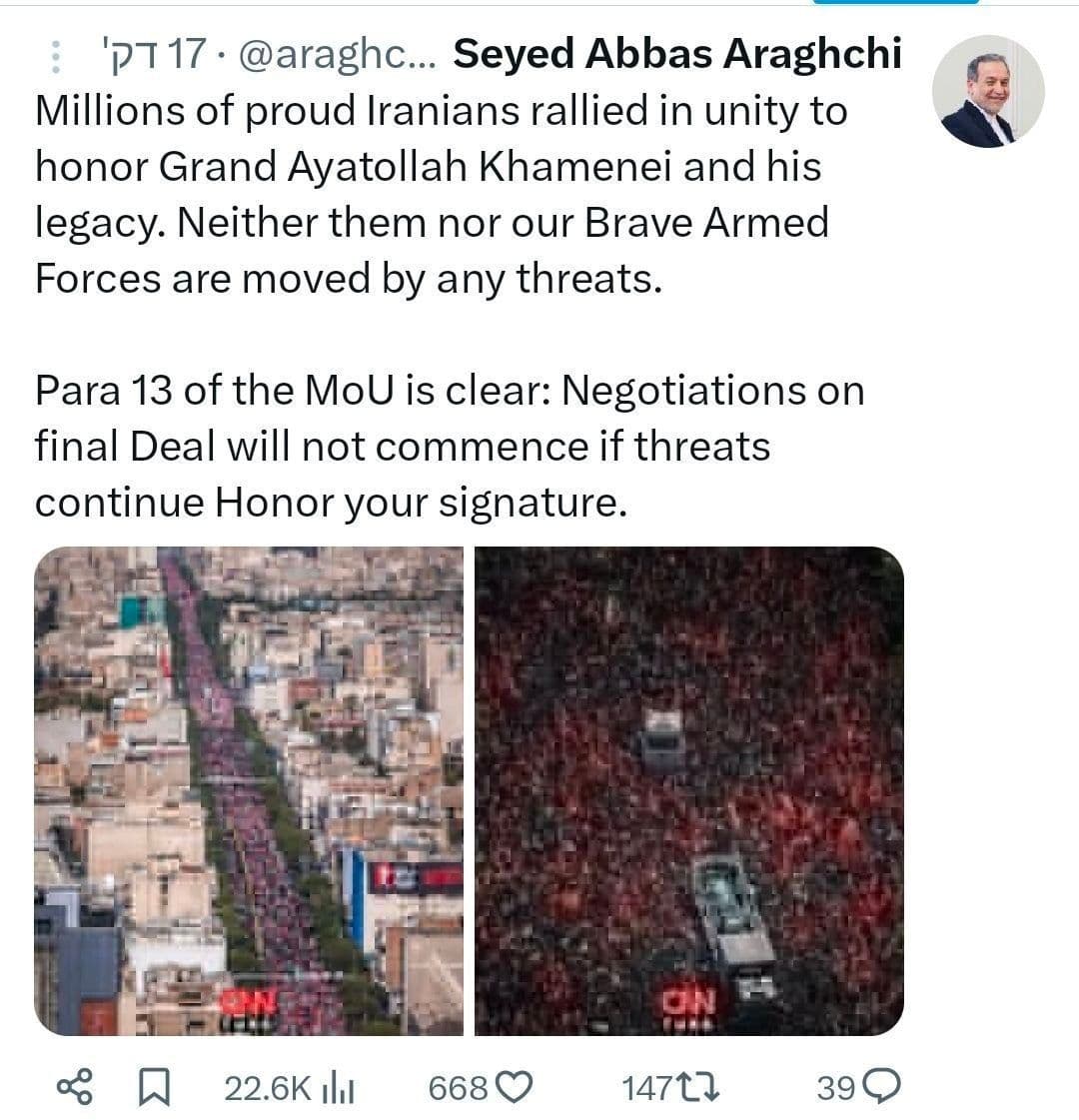 @✡︎𝐋𝐢𝐯𝐞𝐈𝐫𝐚𝐧𝐍𝐞𝐰𝐬🇮🇷🇮🇱: ⚡🇺🇸🦀عراقچی با تصویرسازی حکومتی آمریکا را تهدید کرد/عباس عراقچی، وزیر خارجه رژیم تروریستی جمهوری اسلامی، با انتشار تصاویری از مراسم تشییع خامنهای مدعی شد میلیونها ایرانی برای احترام به او گرد آمدن