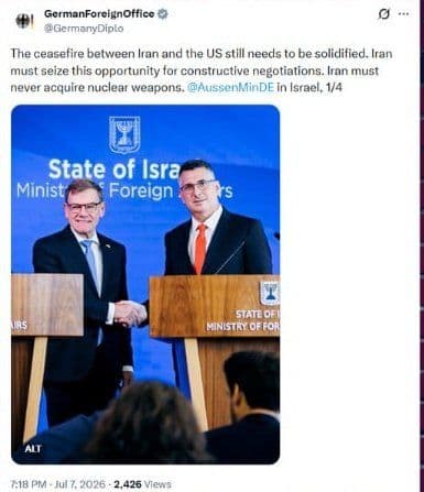 @✡︎𝐋𝐢𝐯𝐞𝐈𝐫𝐚𝐧𝐍𝐞𝐰𝐬🇮🇷🇮🇱: ⚡🇩🇪🇮🇱☢️🦀وزیر خارجه آلمان در اسرائیل: رژیم تروریستی جمهوری اسلامی هرگز نباید به سلاح هستهای دست یابد/وزارت خارجه آلمان همزمان با سفر وزیر خارجه این کشور به اسرائیل اعلام کرد آتشبس میان ایالات مت