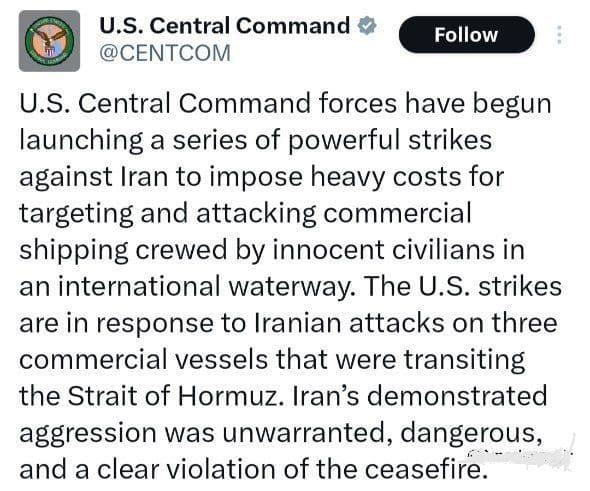 @✡︎𝐋𝐢𝐯𝐞𝐈𝐫𝐚𝐧𝐍𝐞𝐰𝐬🇮🇷🇮🇱: ⚡️🇺🇸🦀CENTCOM Statement on Attacks Against Iran/U.S. Central Command announced that it has launched a series of strikes against targets in Iran. CENTCOM claimed that this operation was carried out i