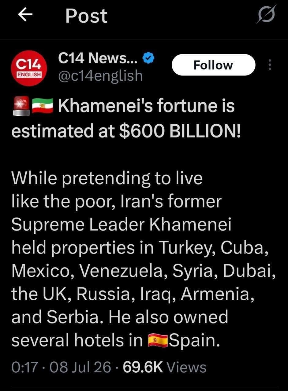 @✡︎𝐋𝐢𝐯𝐞𝐈𝐫𝐚𝐧𝐍𝐞𝐰𝐬🇮🇷🇮🇱: ⚡🇺🇸🇮🇱🦀کانال ۱۴ اسراییل فاش کرده که ثروت دزدیده شده مردم ایران توسط خامنه ای حدود ۶۰۰ میلیارد دلار می باشد که این مبلغ در کشورهای مختلف در کوبا، روسیه، انگلیس، عراق ، ترکیه، ونزوئلا، امارات، سوریه