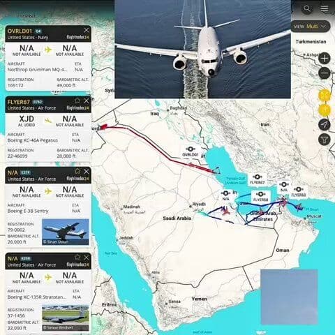 @✡︎𝐋𝐢𝐯𝐞𝐈𝐫𝐚𝐧𝐍𝐞𝐰𝐬🇮🇷🇮🇱: ⚡🇺🇸🦀 Reports indicate a significant presence of U.S. Air Force assets over the Persian Gulf and the Strait of Hormuz. More than a dozen refueling aircraft and advanced reconnaissance and maritime p