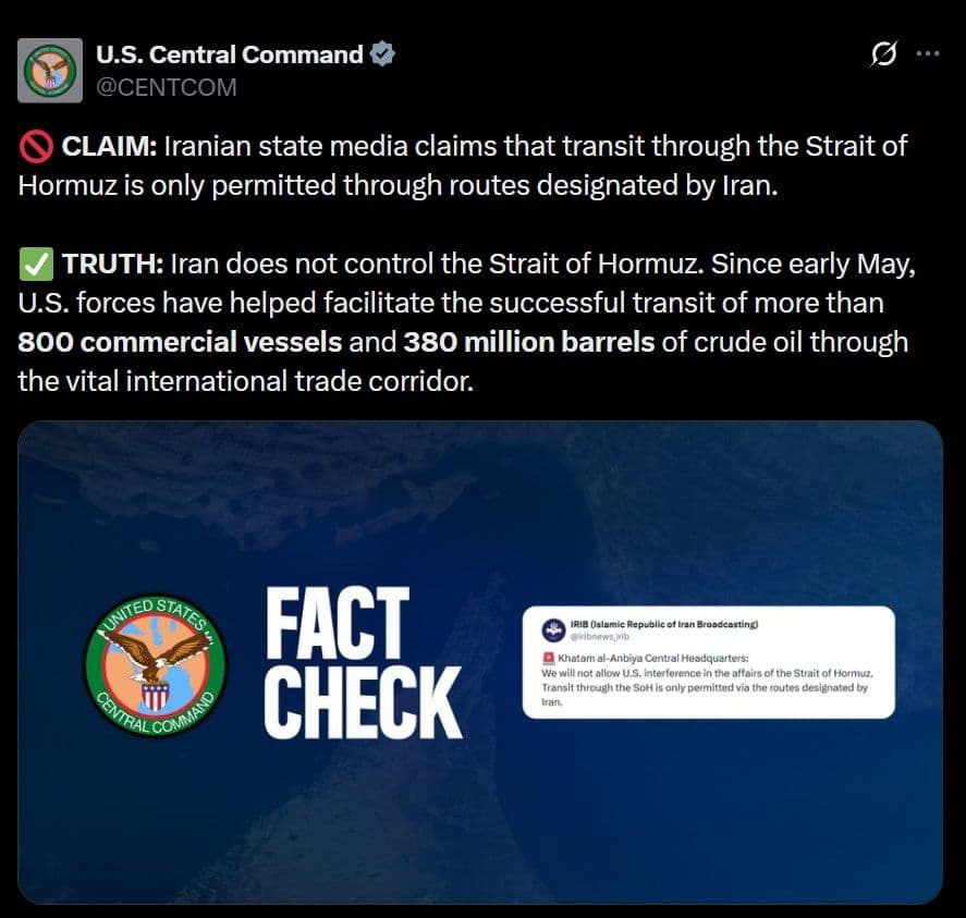 @✡︎𝐋𝐢𝐯𝐞𝐈𝐫𝐚𝐧𝐍𝐞𝐰𝐬🇮🇷🇮🇱: ⚡🇺🇸🦀The U.S. Central Command announced that claims by media outlets affiliated with the terrorist regime of the Islamic Republic—asserting control over the Strait of Hormuz and requiring ships to p