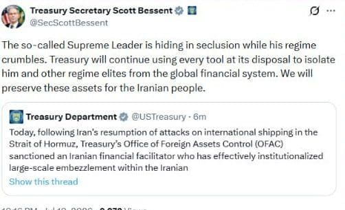 @✡︎𝐋𝐢𝐯𝐞𝐈𝐫𝐚𝐧𝐍𝐞𝐰𝐬🇮🇷🇮🇱: ⚡🇺🇸🦀Scott Bessent: We will preserve the assets of Khamenei's network solely for the people of Iran/Scott Bessent, the United States Secretary of the Treasury, announced after sanctioning Ali Ansari