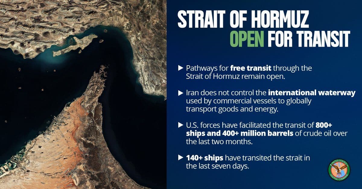 @U.S. Central Command: The Strait of Hormuz is open to all vessels seeking to lawfully transit the international waterway. U.S. forces are positioned and prepared to ensure that freedom of navigation remains available despi