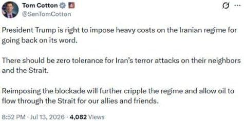 @✡︎𝐋𝐢𝐯𝐞𝐈𝐫𝐚𝐧𝐍𝐞𝐰𝐬🇮🇷🇮🇱: 🚨🇺🇸🦀
U.S. Republican Senator Tom Cotton, in support of President Trump's policies, announced that reimposing a naval blockade on the terrorist regime of the Islamic Republic will paralyze the regi