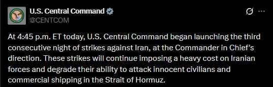 @✡︎𝐋𝐢𝐯𝐞𝐈𝐫𝐚𝐧𝐍𝐞𝐰𝐬🇮🇷🇮🇱: 🚨🇺🇸🦀
CENTCOM announces the start of the third consecutive night of U.S. attacks on the terrorist regime of the Islamic Republic/U.S. Central Command stated that these attacks have begun on the o