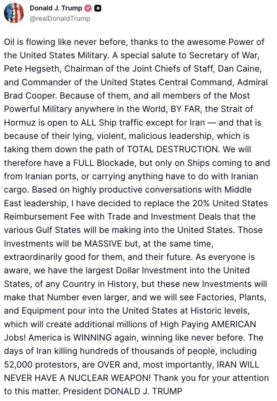 @✡︎𝐋𝐢𝐯𝐞𝐈𝐫𝐚𝐧𝐍𝐞𝐰𝐬🇮🇷🇮🇱: 🚨🇺🇸🦀
President Trump announced that thanks to the might of the United States military, oil flow in the region continues uninterrupted and the Strait of Hormuz remains open to all the world's ships