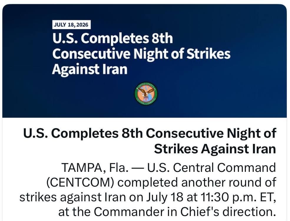 @✡︎𝐋𝐢𝐯𝐞𝐈𝐫𝐚𝐧𝐍𝐞𝐰𝐬🇮🇷🇮🇱: 🚨🇺🇸🦀
سنتکام جزئیات موج تازه حملات به رژیم تروریستی جمهوری اسلامی را منتشر کرد/فرماندهی مرکزی آمریکا اعلام کرد نیروهای این کشور در هشتمین شب پیاپی حملات، مراکز نظامی شامل تاسیسات پایش ساحلی، سامانه