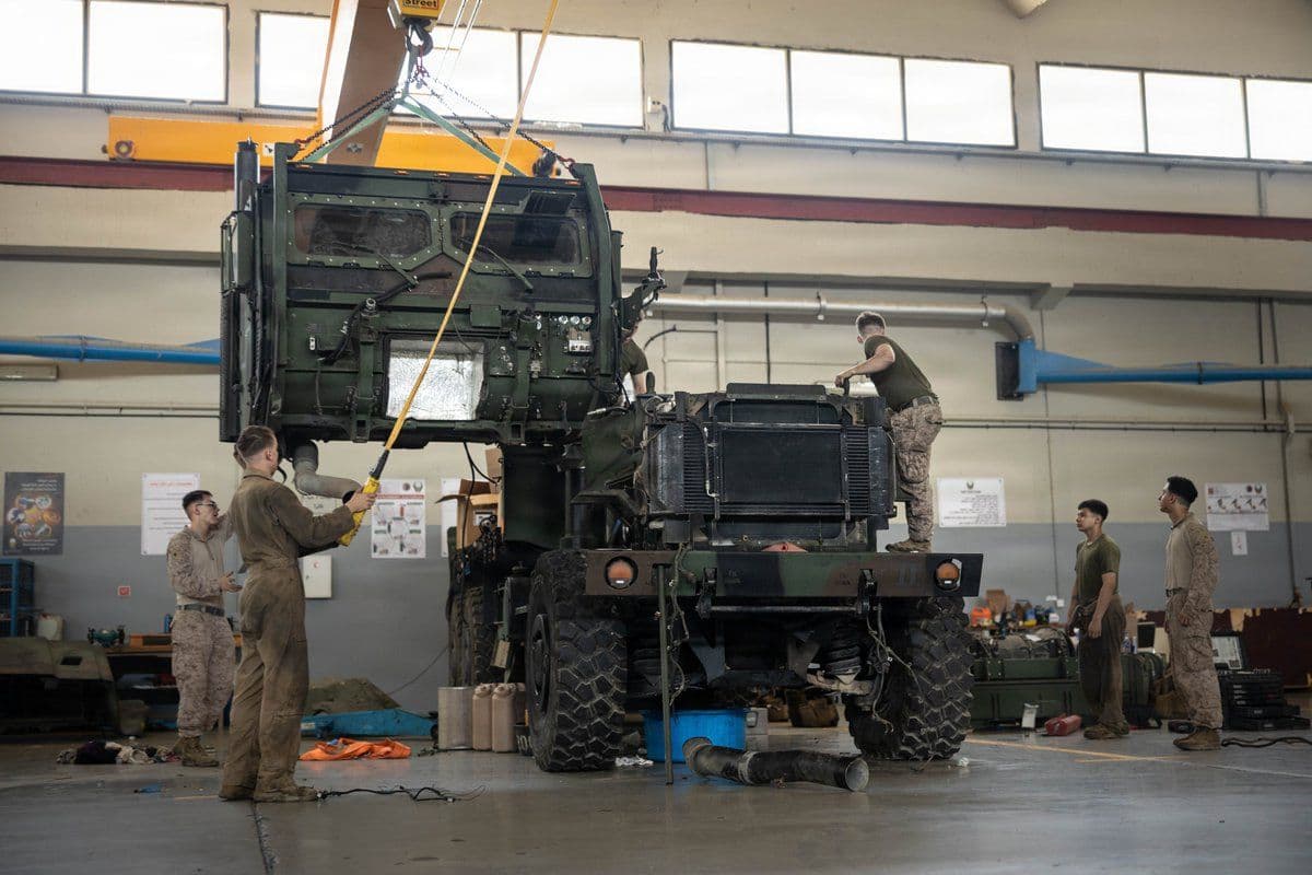 @U.S. Central Command: U.S. Marines change the transmission on a High Mobility Artillery Rocket System vehicle while deployed to the Middle East. American military logisticians and sustainers across CENTCOM remain at the to