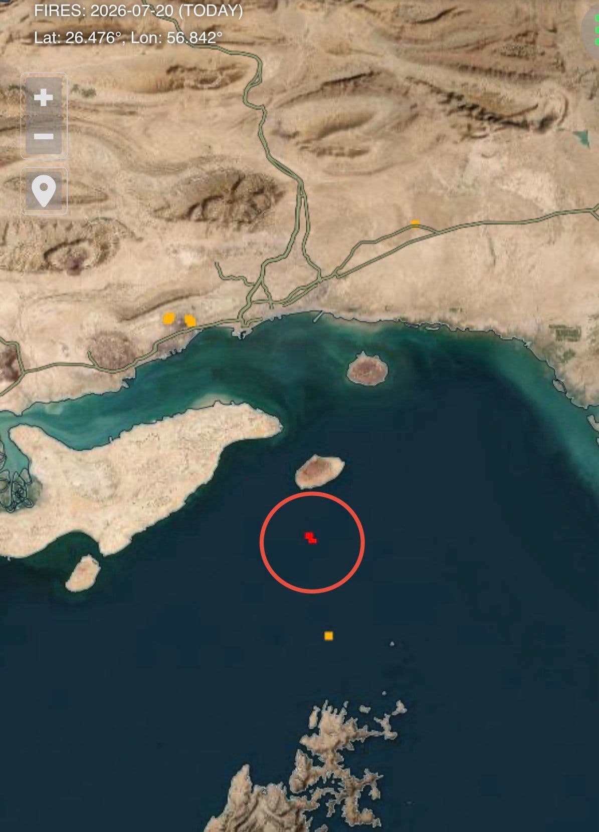 @Open Source Intel: NASA FIRMS satellite data shows an active fire on the Iranian side of the Strait of Hormuz today.
It’s south of Larak Island and southeast of Bandar Abbas, near the shipping lanes.
It is highly poss