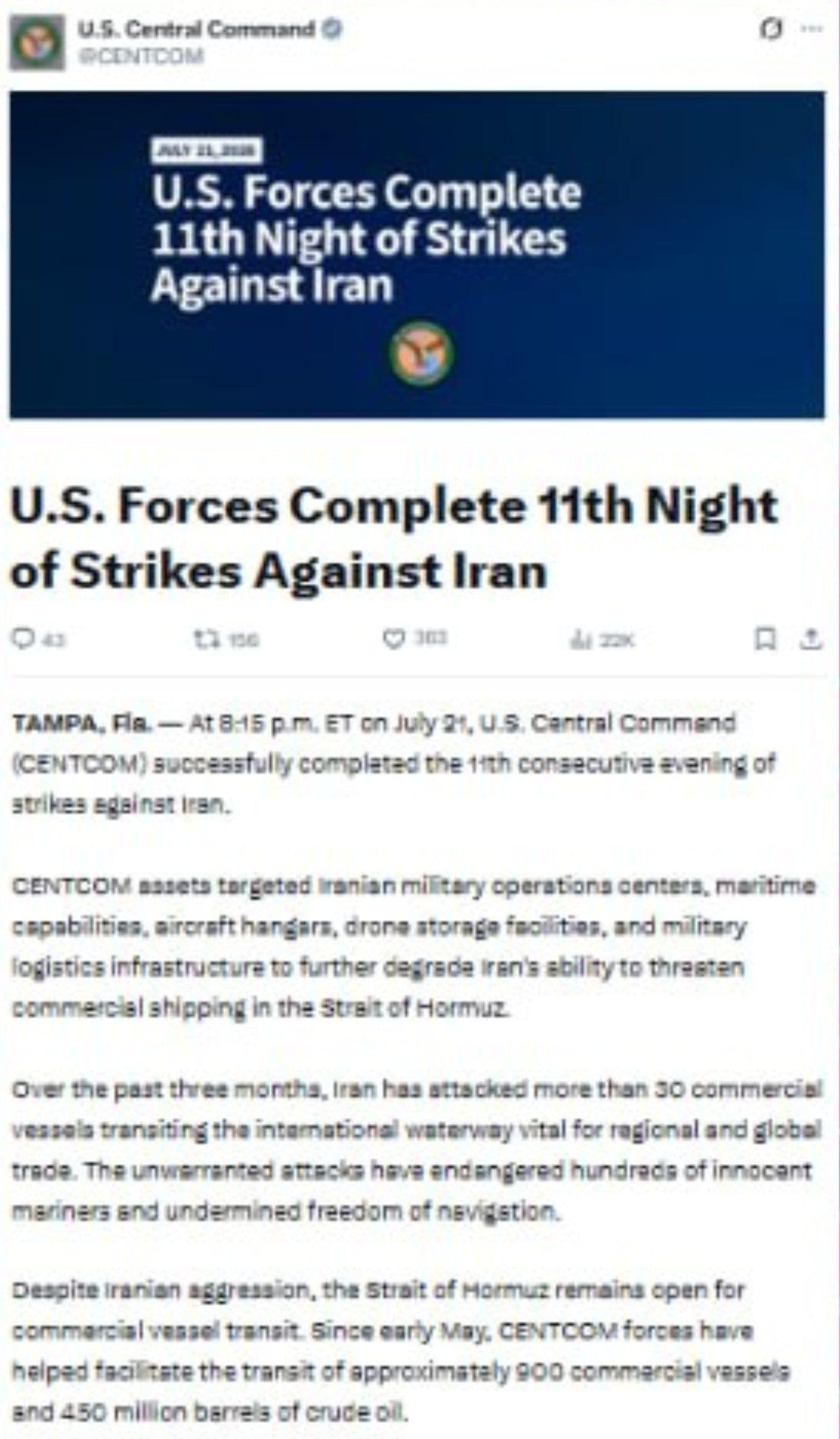 @✡︎𝐋𝐢𝐯𝐞𝐈𝐫𝐚𝐧𝐍𝐞𝐰𝐬🇮🇷🇮🇱: 🚨🇺🇸🦀
CENTCOM announced that the eleventh consecutive night of U.S. operations against the terrorist regime of the Islamic Republic, aimed at weakening its threat capability to shipping in the Stra