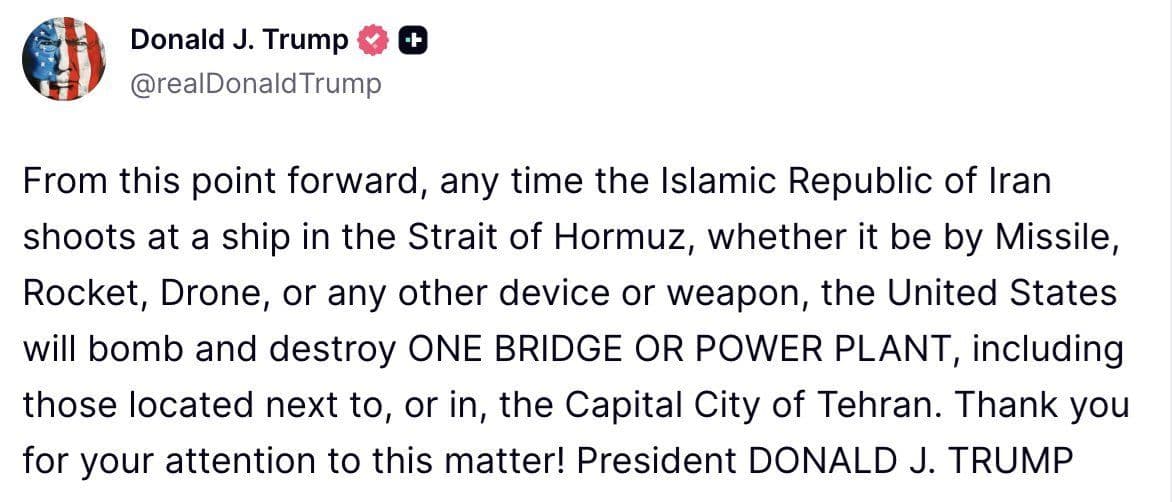 @Open Source Intel: Trump:
From this point forward, any time the Islamic Republic of Iran shoots at a ship in the Strait of Hormuz, whether it be by Missile, Rocket, Drone, or any other device or weapon, the United Stat