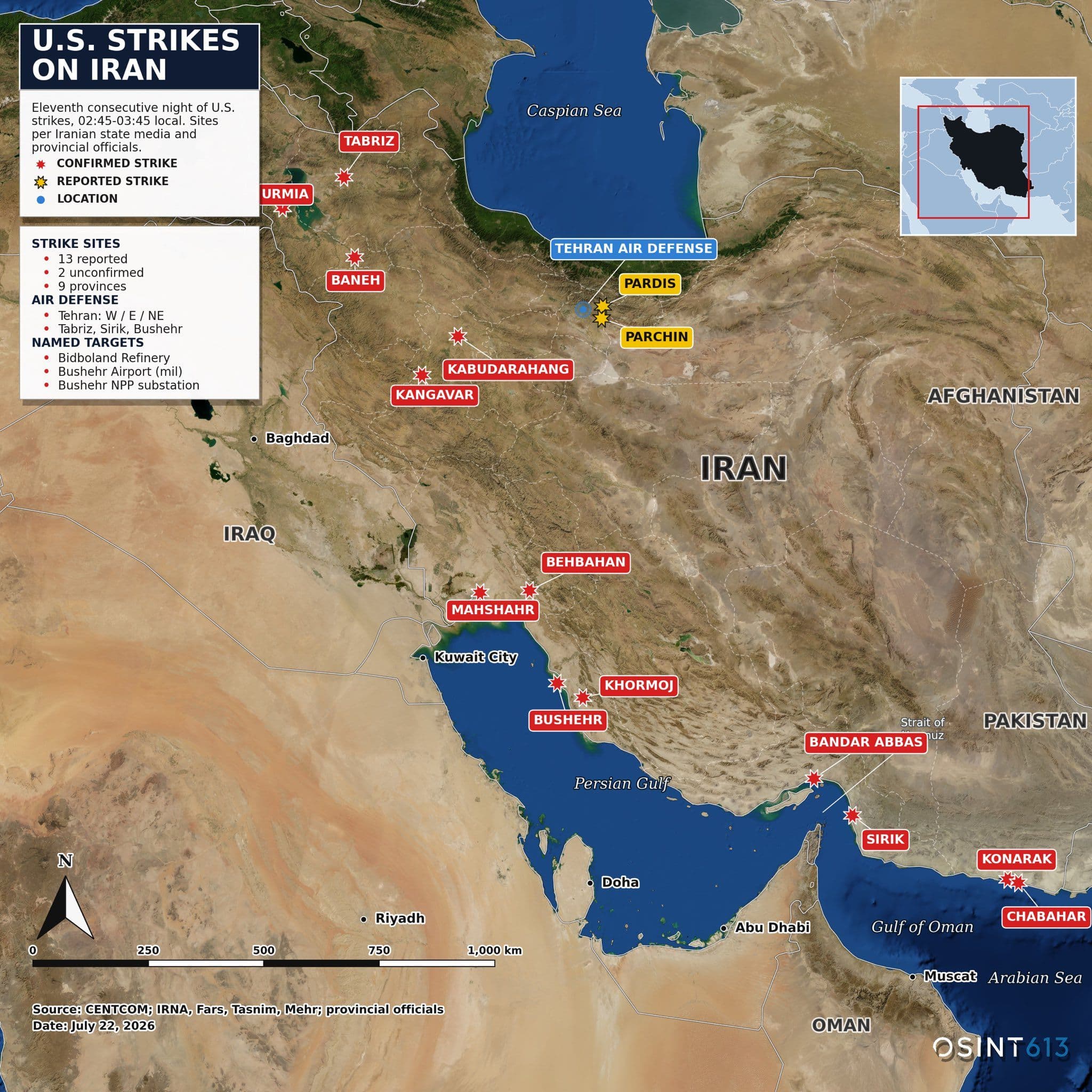 @Open Source Intel: UPDATED MAP: IRAN REPORTED STRIKES AND AIR DEFENSE ACTIVITIES LAST NIGHT
Tabriz, Urmia, Baneh, Kabudarahang and Kangavar sit along Iran’s northwestern frontier, roughly 1,000 kilometers from the Str
