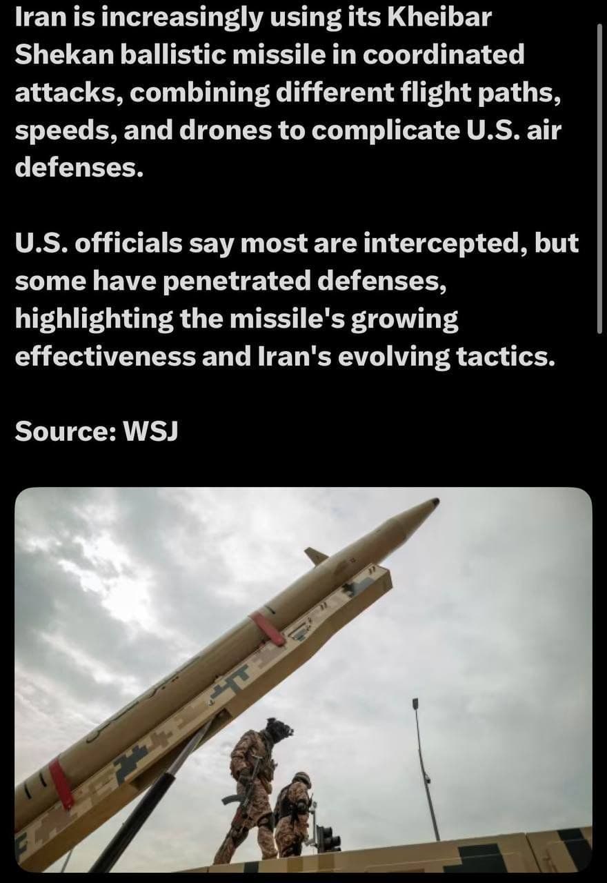 @✡︎𝐋𝐢𝐯𝐞𝐈𝐫𝐚𝐧𝐍𝐞𝐰𝐬🇮🇷🇮🇱: 🚨🇺🇸🦀
والاستریت ژورنال: رژیم اشغالگر جمهوری اسلامی تاکتیکهای حمله با موشکهای خیبرشکن را پیچیدهتر کرده است
بر اساس این گزارش، رژیم اشغالگر جمهوری اسلامی در حملات هماهنگ، موشکهای بالستیک خیبرشکن
