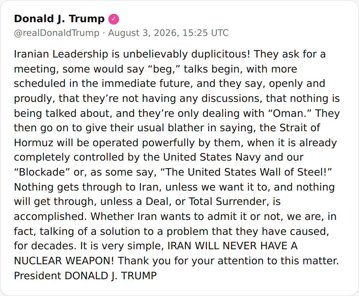 @Shin: POTUS:
"Iranian Leadership is unbelievably duplicitous! They ask for a meeting, some would say “beg,” talks begin, with more scheduled in the immediate future, and they say, openly and proudly, that t