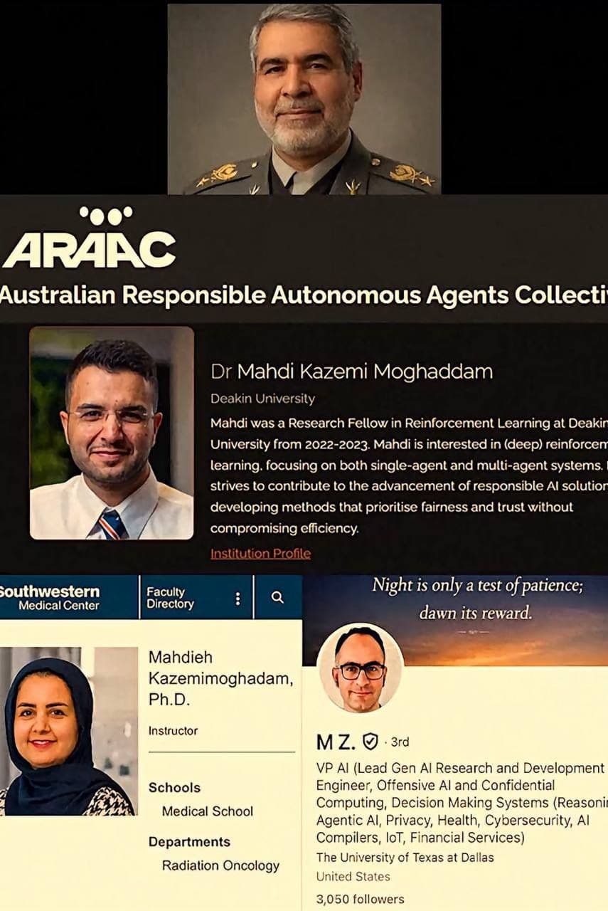 @✡︎𝐋𝐢𝐯𝐞𝐈𝐫𝐚𝐧𝐍𝐞𝐰𝐬🇮🇷🇮🇱: 🚨🇦🇺🇺🇸🦀
مزدور تروریست محمدباقر کاظمی مقدم، فرمانده حفاظت اطلاعات ارتش رژیم تروریستی جمهوری اسلامی که در بمباران ۹ اسفند همزمان با خامنهای کشته شد، پسری ساکن استرالیا دارد. دختر او استاد دانشگاه